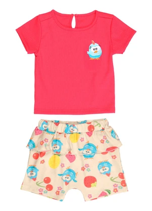 Galinha Pintadinha - Conjunto Blusa Ribana Shorts Meia Malha Rosa - GALINHA PINTADINHA