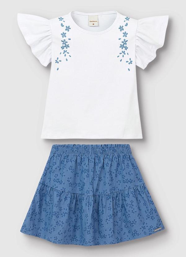Carinhoso - Conjunto Blusa & Saia com Bordado Branco