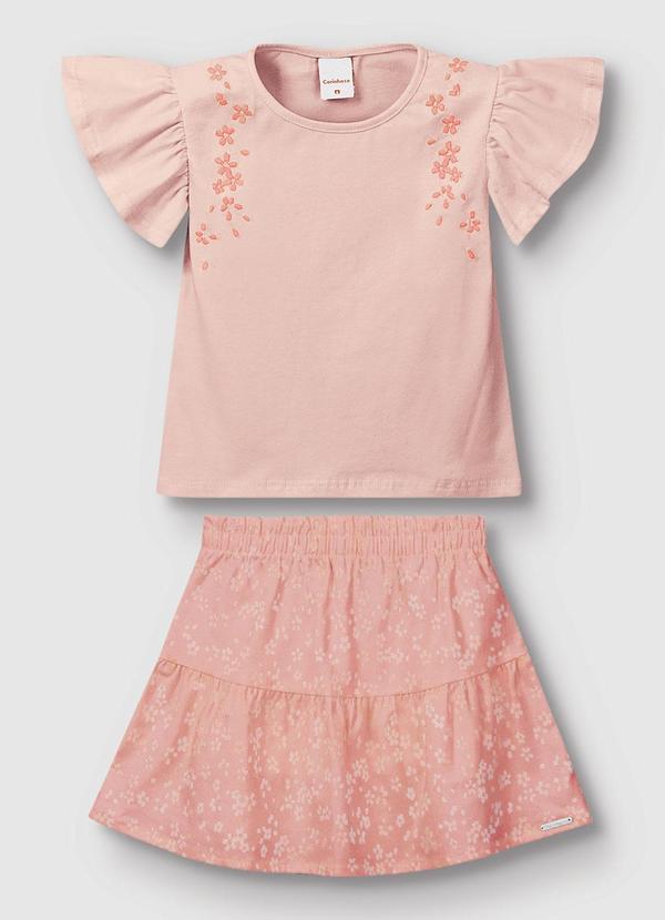 Carinhoso - Conjunto Blusa & Saia com Bordado Rosa Pastel