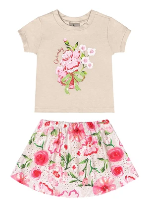 Quimby - Conjunto Blusa Saia-Short Estampado Bege - QUIMBY