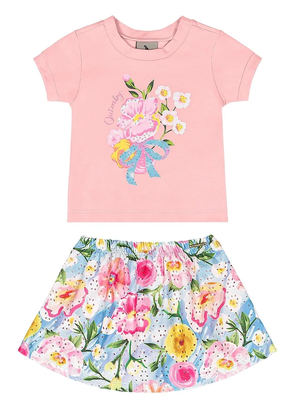 Quimby - Conjunto Blusa Saia-Short Estampado Rosa 2