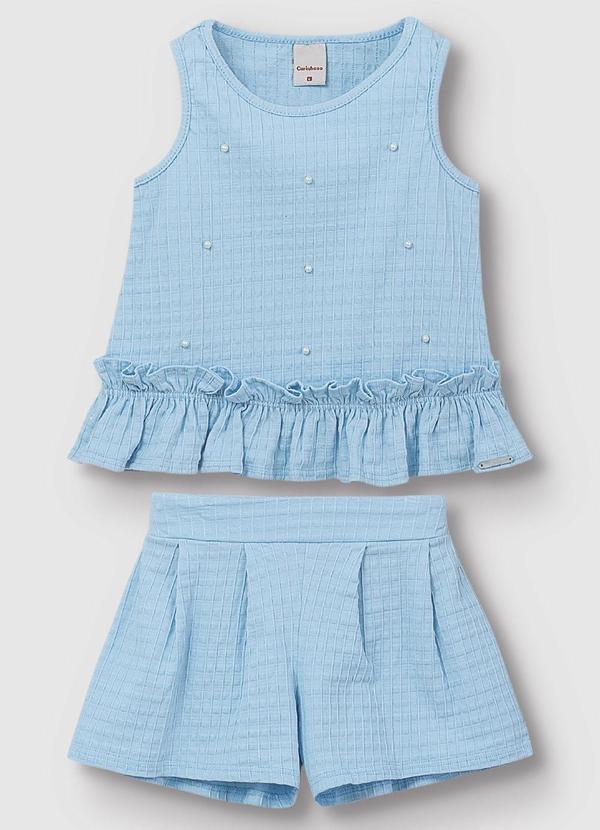Carinhoso - Conjunto Blusa & Shorts com Pérolas Azul Pastel