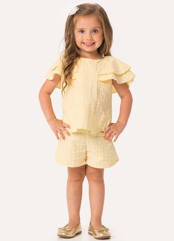 Carinhoso - Conjunto Blusa & Shorts em Anarruga Amarelo Paste