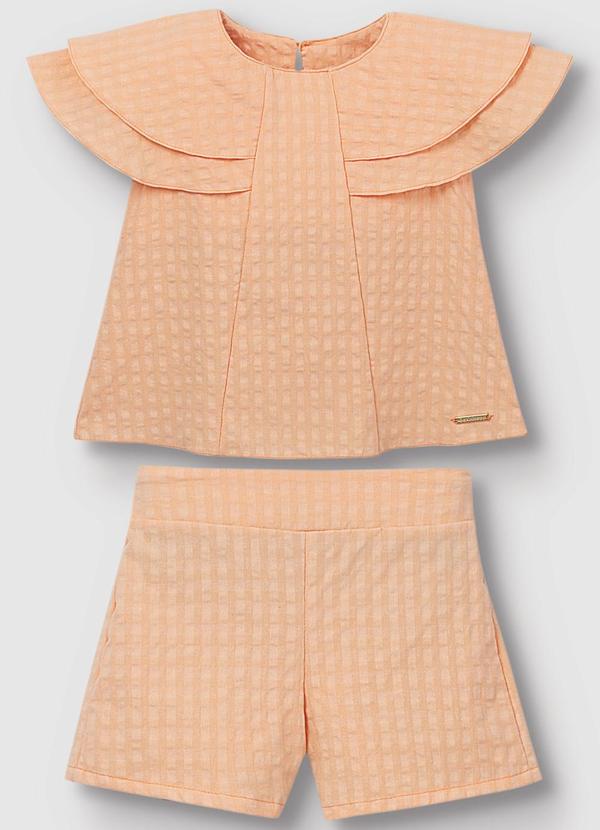 Carinhoso - Conjunto Blusa & Shorts em Anarruga Laranja Paste