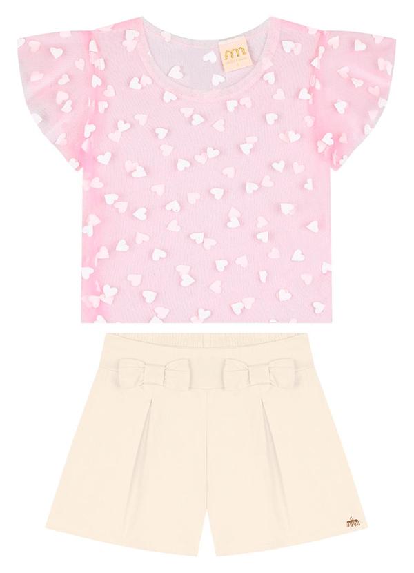 Milli e Nina - Conjunto Blusa Tule 3d e Shorts Rosa