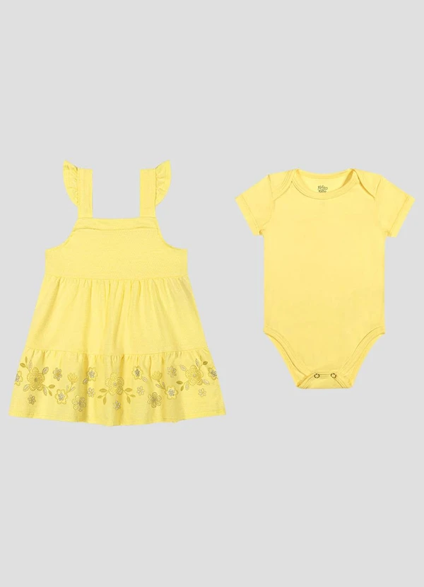 Kely Kety - Conjunto Body Cotton e Salopete Malha Amarelo