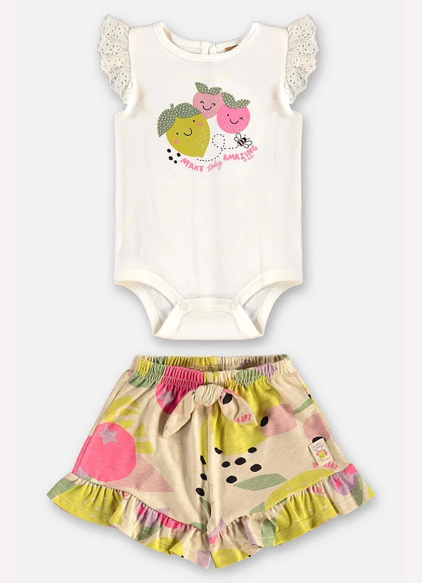 Up Baby - Conjunto Body e Short Bebê Menina Bege 2