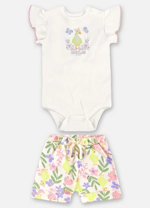 Up Baby - Conjunto Body e Short Floral Bebê Bege - UP BABY