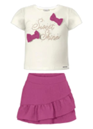 Alakazoo - Conjunto com Blusa Bordada e Shorts Saia Rosa - ALAKAZOO