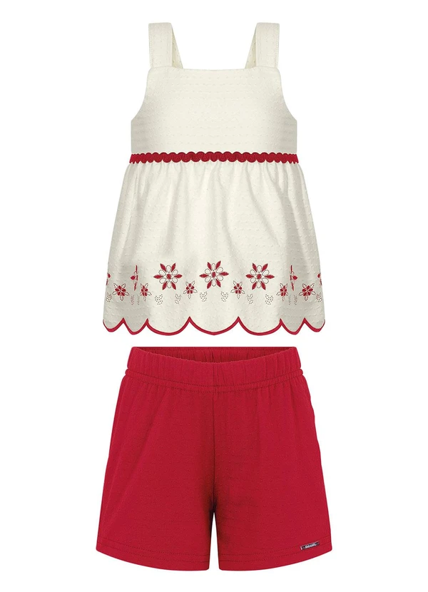 Alakazoo - Conjunto com Blusa Bordada e Shorts Vermelho