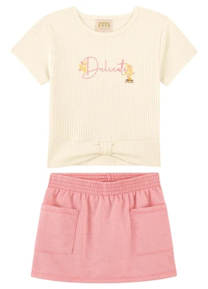 Milli e Nina - Conjunto com Blusa Canelada e Shorts Saia Bege - MILLI E NINA