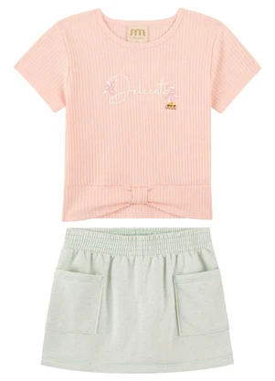Milli e Nina - Conjunto com Blusa Canelada e Shorts Saia Rosa - MILLI E NINA
