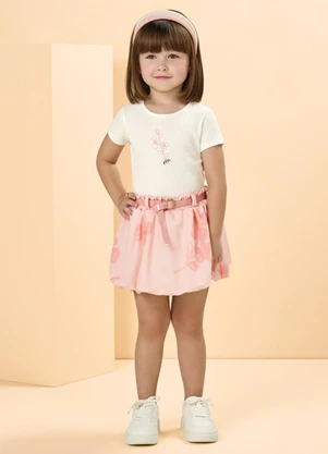 Milli e Nina - Conjunto com Blusa e Saia Balonê Estampada Bege - MILLI E NINA