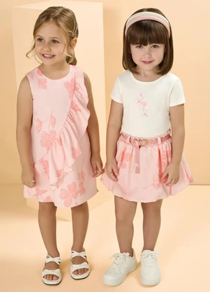 Milli e Nina - Conjunto com Blusa e Saia Balonê Estampada Bege - MILLI E NINA