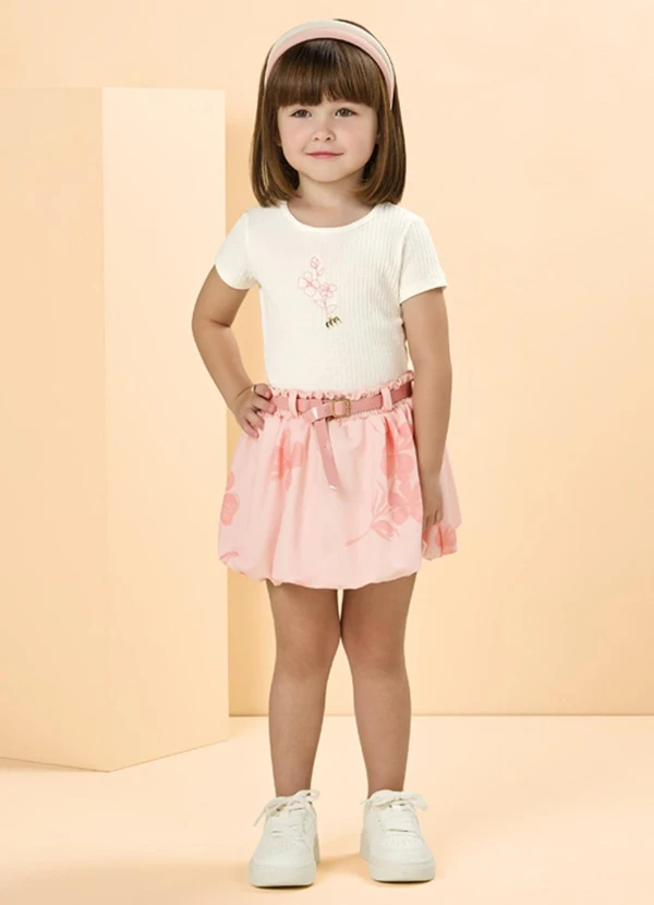 Milli e Nina - Conjunto com Blusa e Saia Balonê Estampada Bege