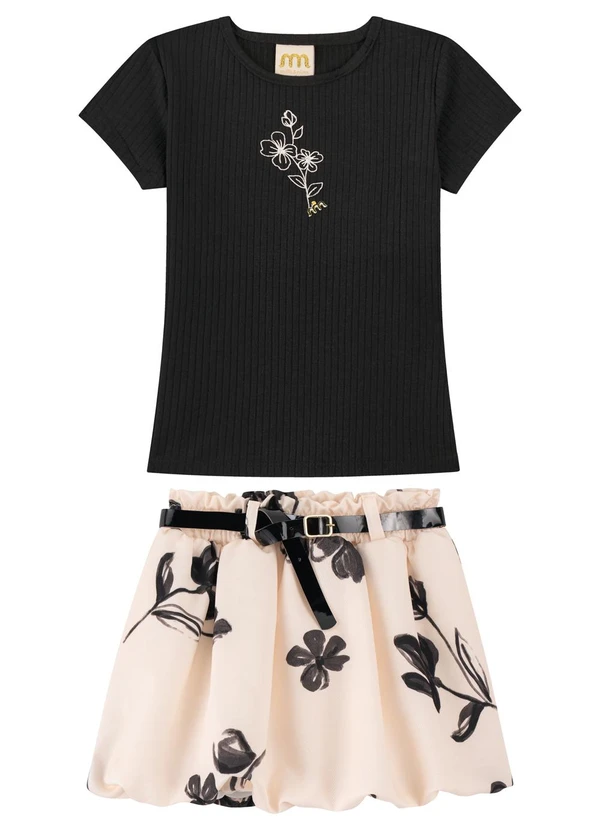 Milli e Nina - Conjunto com Blusa e Saia Balonê Estampada Preto