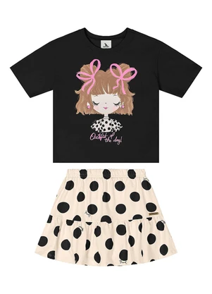 Quimby - Conjunto com Blusa e Saia de Bolinhas Preto - QUIMBY