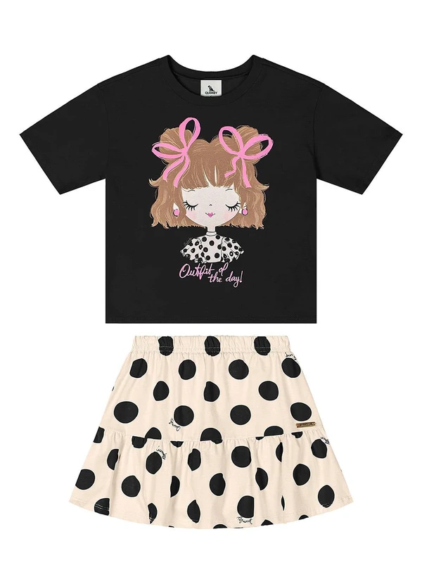 Quimby - Conjunto com Blusa e Saia de Bolinhas Preto 2