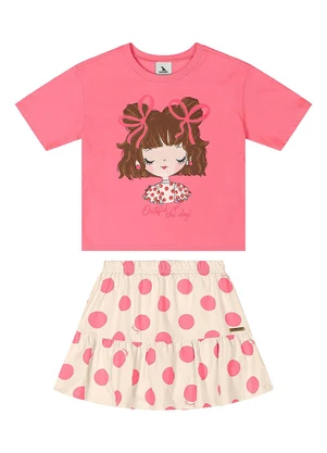 Quimby - Conjunto com Blusa e Saia de Bolinhas Rosa - QUIMBY