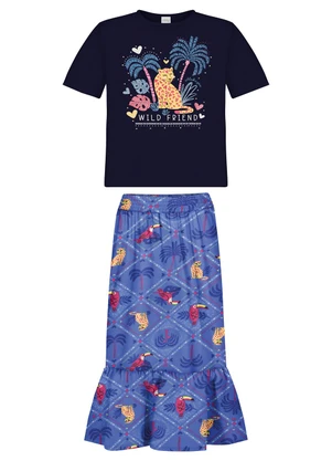 Alakazoo - Conjunto com Blusa e Saia Midi Estampada Azul - ALAKAZOO