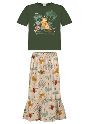 Alakazoo - Conjunto com Blusa e Saia Midi Estampada Bege - ALAKAZOO