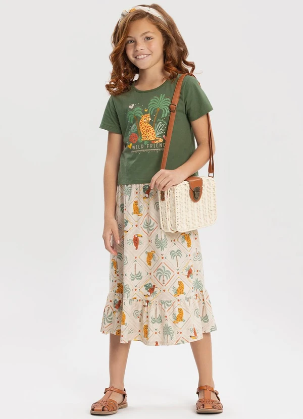 Alakazoo - Conjunto com Blusa e Saia Midi Estampada Bege 1