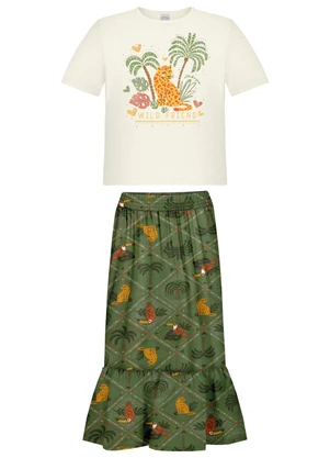 Alakazoo - Conjunto com Blusa e Saia Midi Estampada Verde - ALAKAZOO