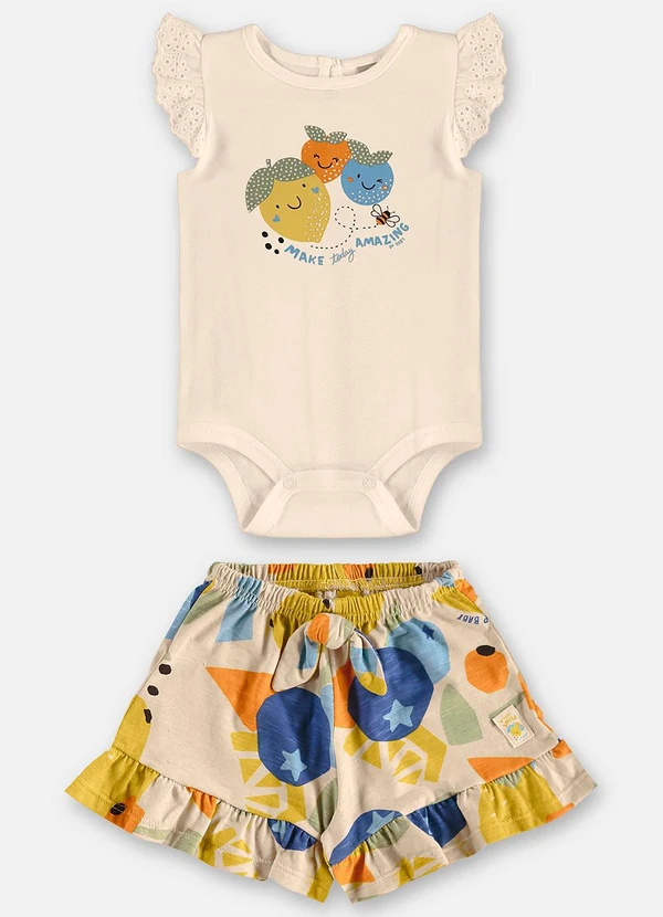 Up Baby - Conjunto com Body e Short Bebê Menina Bege