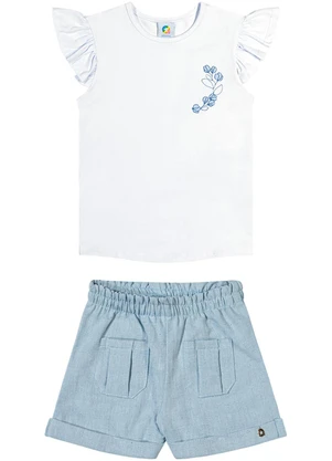 Outlet - Conjunto com Bordado de Flores Menina Branco - OUTLET