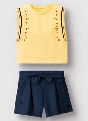 Carinhoso - Conjunto com Bordado Floral Menina Amarelo - CARINHOSO