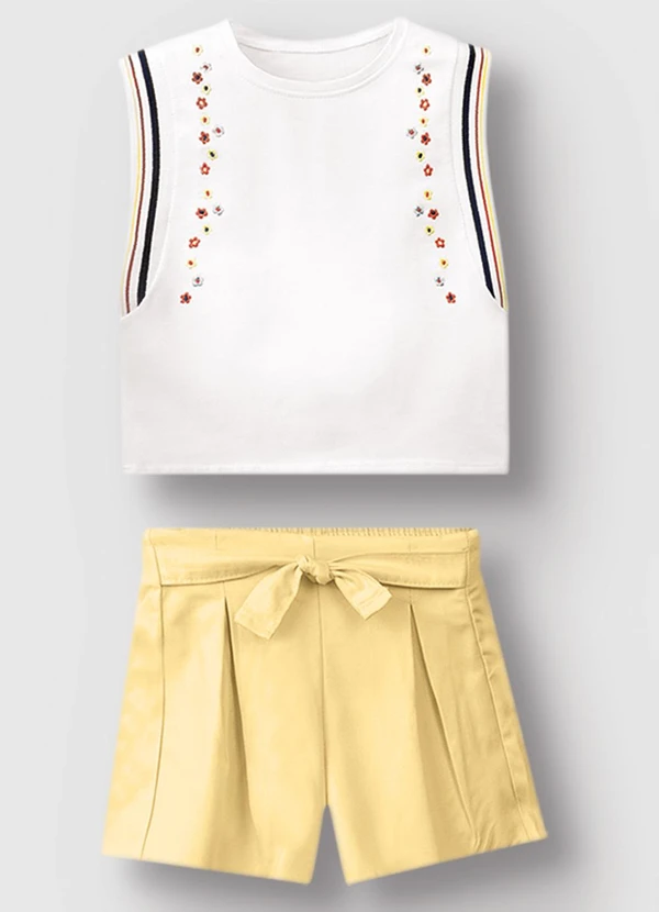 Carinhoso - Conjunto com Bordado Floral Menina Branco