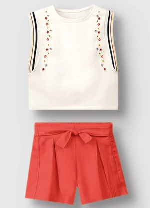 Carinhoso - Conjunto com Bordado Floral Menina Off White - CARINHOSO
