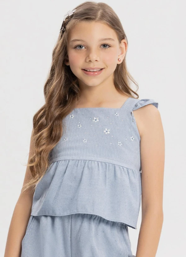 Alakazoo - Conjunto com Calça e Blusa Bordada de Alças Azul 2