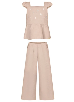 Alakazoo - Conjunto com Calça e Blusa Bordada de Alças Bege - ALAKAZOO