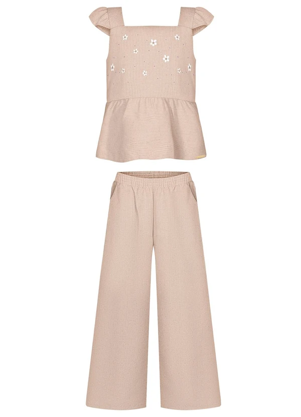 Alakazoo - Conjunto com Calça e Blusa Bordada de Alças Bege