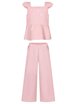 Alakazoo - Conjunto com Calça e Blusa Bordada de Alças Rosa - ALAKAZOO