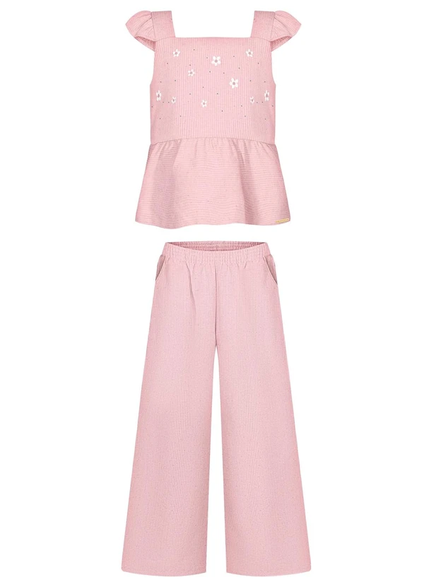 Alakazoo - Conjunto com Calça e Blusa Bordada de Alças Rosa