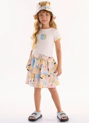 Três e Já - Conjunto com Cropped e Saia Bege - TRÊS E JÁ