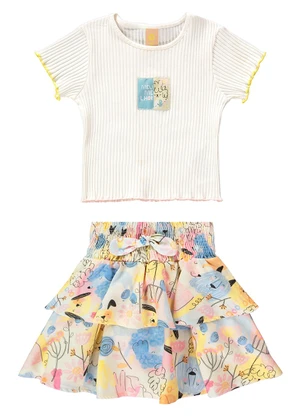 Três e Já - Conjunto com Cropped e Saia Bege - TRÊS E JÁ