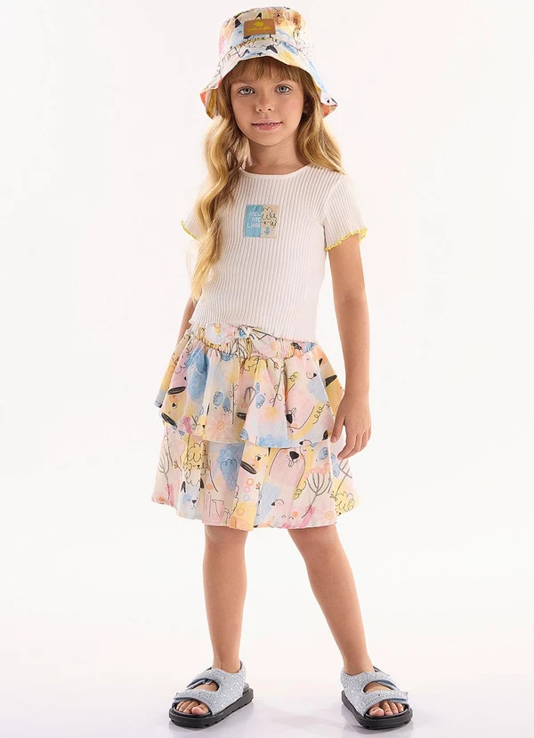 Três e Já - Conjunto com Cropped e Saia Bege 1