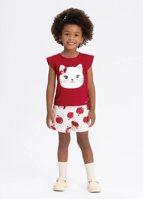 Alakazoo - Conjunto com Shorts Estampado e Blusa Vermelho