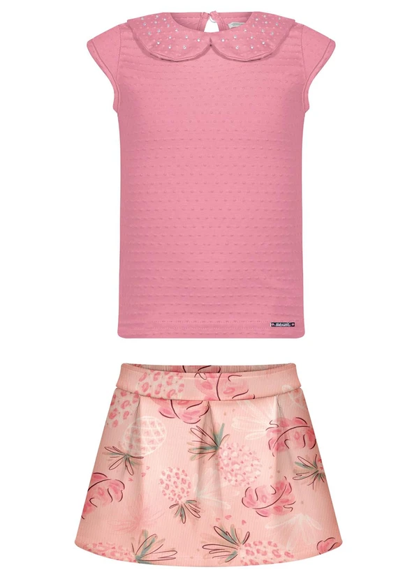 Alakazoo - Conjunto com Shorts Saia e Blusa com Strass Rosa 2