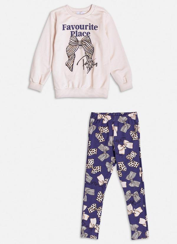 Momi - Conjunto com Strass e Laços de Moletom Bege