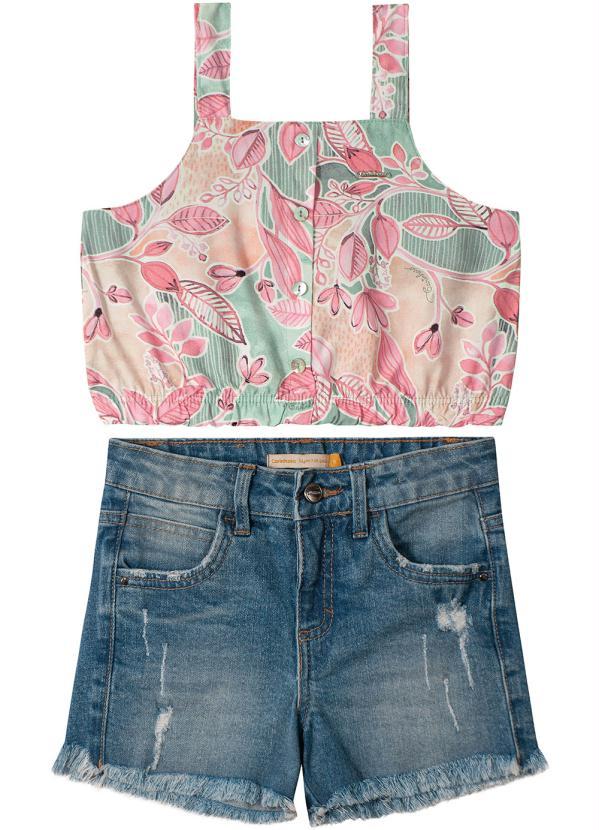 Carinhoso - Conjunto Cropped com Shorts Jeans Menina Rosa 2