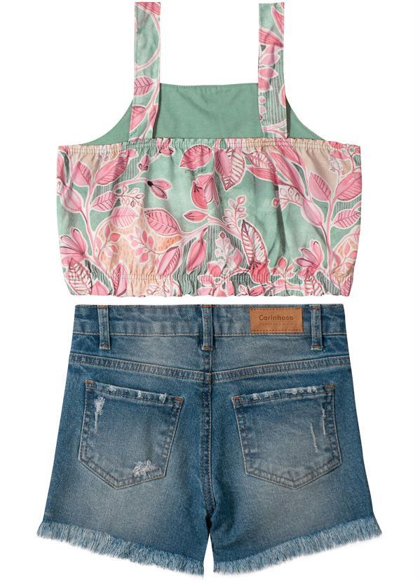 Carinhoso - Conjunto Cropped com Shorts Jeans Menina Rosa 3