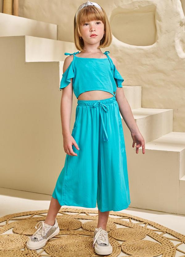 Pokótinha - Conjunto Cropped e Pantacourt em Viscose Azul 1