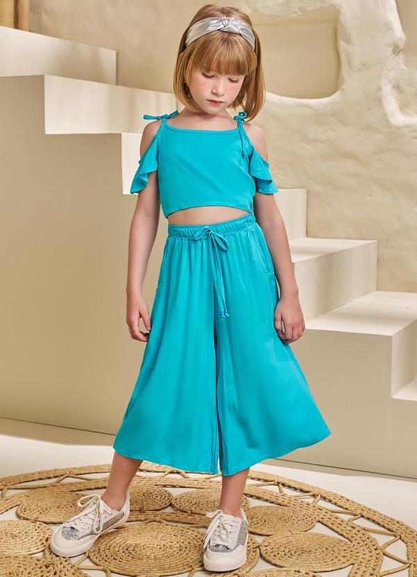 Pokótinha - Conjunto Cropped e Pantacourt em Viscose Azul 3