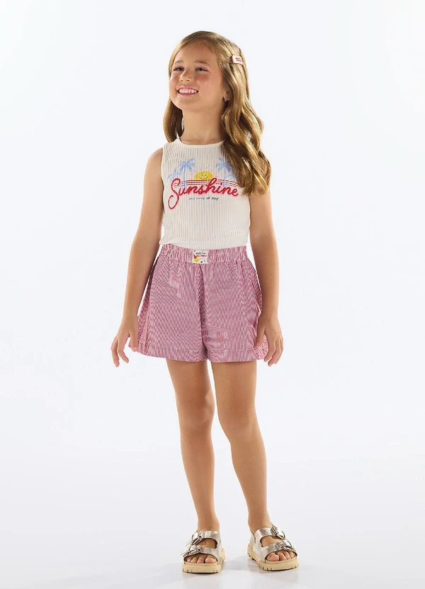 Quimby - Conjunto Cropped e Short Listrado Bege