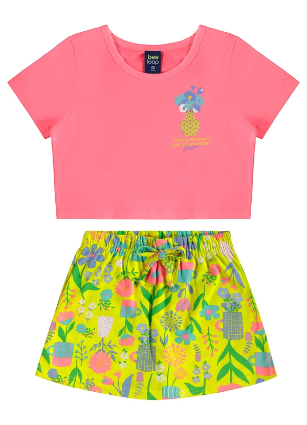 Bee Loop - Conjunto Cropped e Short-Saia Floral Rosa