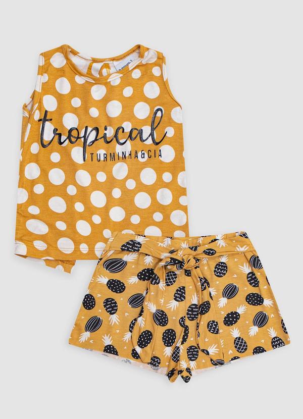 Turminha - Conjunto Cropped e Shorts Saia Tropical Laranja